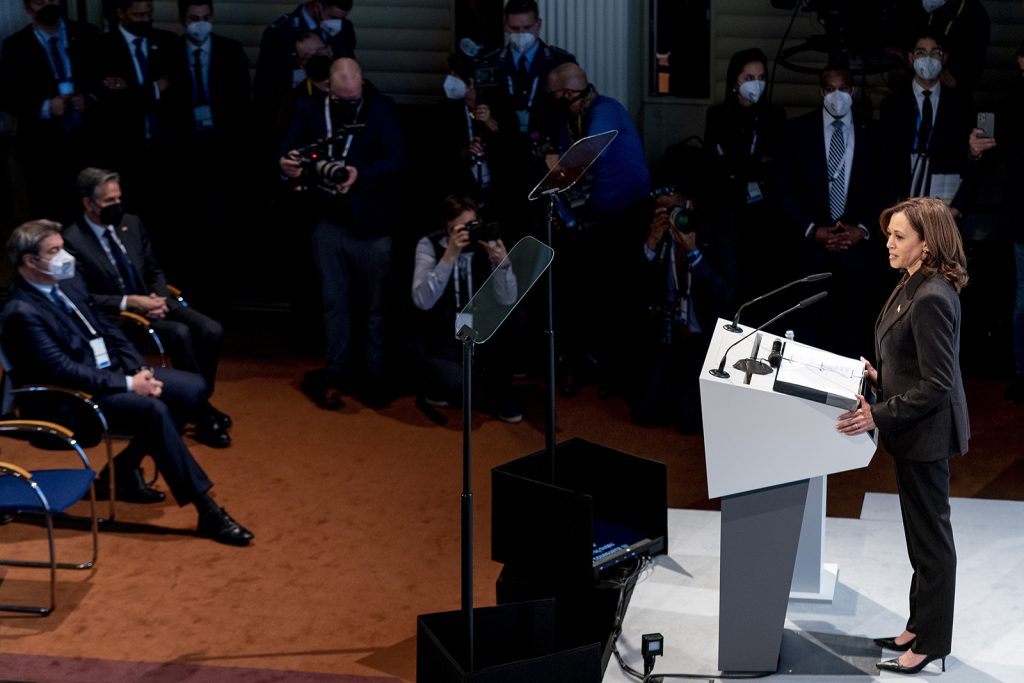 US Vice President Kamala Harris speaks during the Munich Security Conference, on February 19, in Germany.