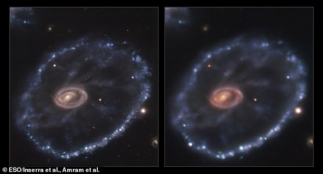 Los astrónomos han capturado el momento en que una estrella, a 500 millones de años luz de la Tierra, explotó en una espectacular supernova, marcando el final de su vida.  La imagen de la izquierda es de 2014 antes de la explosión, y la de la derecha es de 2021, con la explosión en la parte inferior derecha.