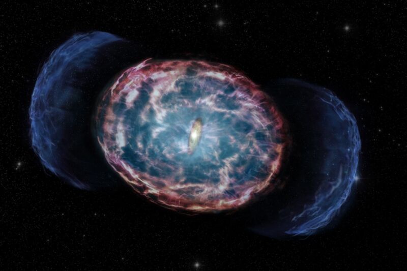 Representación artística de la fusión de dos estrellas de neutrones para formar un agujero negro (oculto dentro de un bulto brillante en el centro de la imagen).  La fusión genera chorros opuestos de materia de alta energía (azul) que calientan el material alrededor de las estrellas, lo que hace que emitan rayos X (nubes rojizas). 