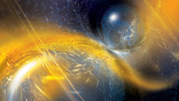 Las estrellas de neutrones chocan en la ilustración.